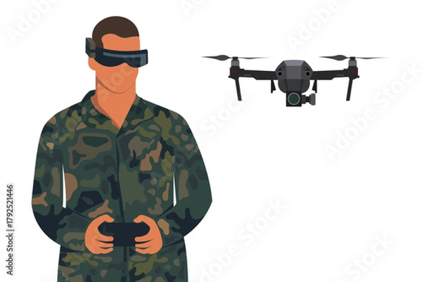 Fototapeta Military drone operator. Soldier with quadcopter. Vector illustration.