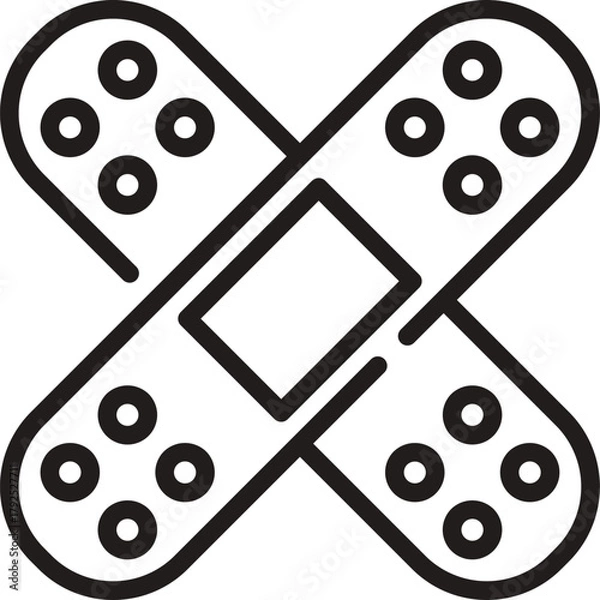 Fototapeta Line art vector of Two Medical adhesive. Outline of two crossed adhesive bandages symbolizing healing and medical care. Two adhesive bandages crossed in an X shape. 