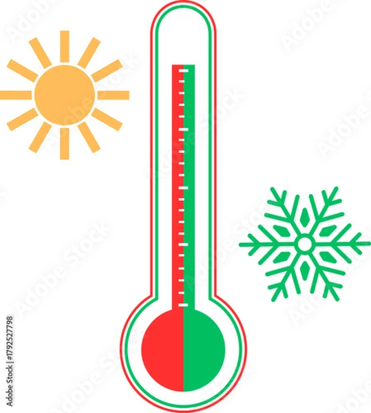 Fototapeta Thermometer icon vector illustration. Cold and hot icon vector. temperature illustration sign. thermometer symbol. heat logo. Winter and summer weather thermometer with snowflake and sun.