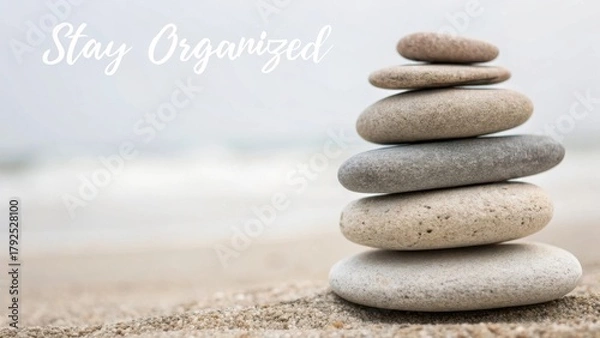 Fototapeta Tranquil Stacked Stones on the Beach for Mindfulness and Organization Inspiration at Calm Seaside Location