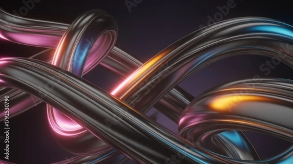Fototapeta Dynamic abstract metallic tubes with vibrant neon glow pattern