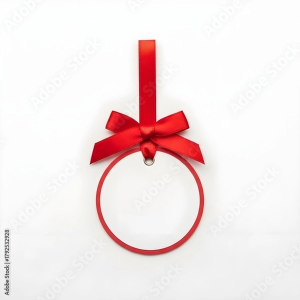 Fototapeta A red ribbon bow suspends a blank, round tag with a red border against a bright white background, creating a festive, clean, and inviting ambiance.
