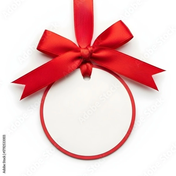 Fototapeta A red ribbon bow suspends a blank, round tag with a red border against a bright white background, creating a festive, clean, and inviting ambiance.
