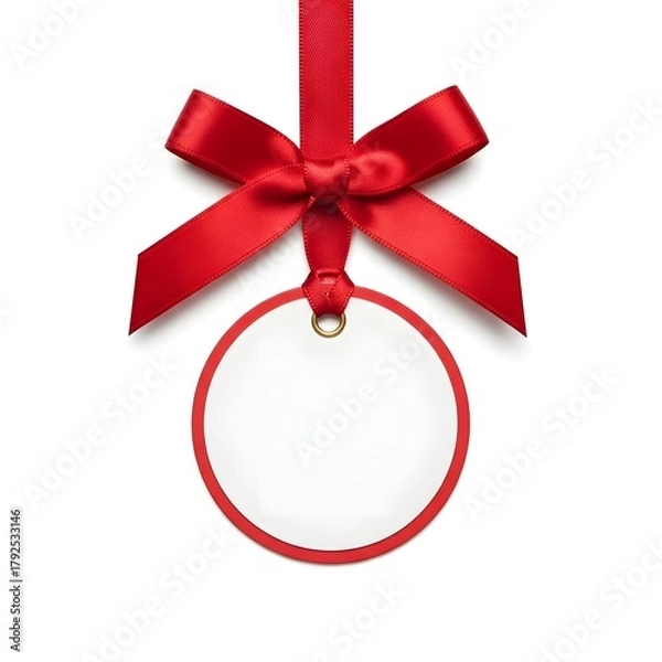 Fototapeta A red ribbon bow suspends a blank, round tag with a red border against a bright white background, creating a festive, clean, and inviting ambiance.
