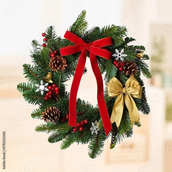 Fototapeta A classic Christmas wreath with pine needles, pinecones, red berries, and large red and gold bows.
