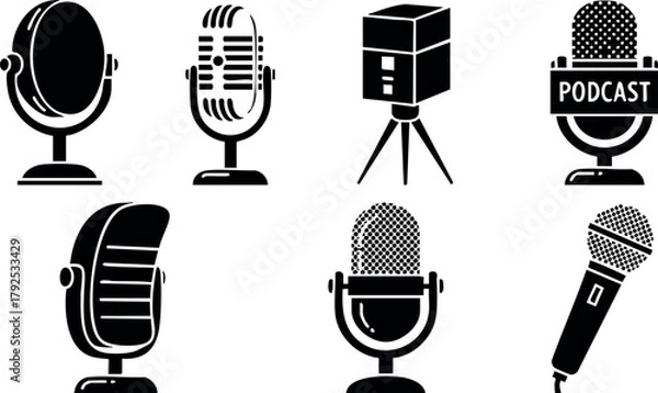 Obraz Vintage and modern microphone icons vector set for podcasting and audio recording equipment design