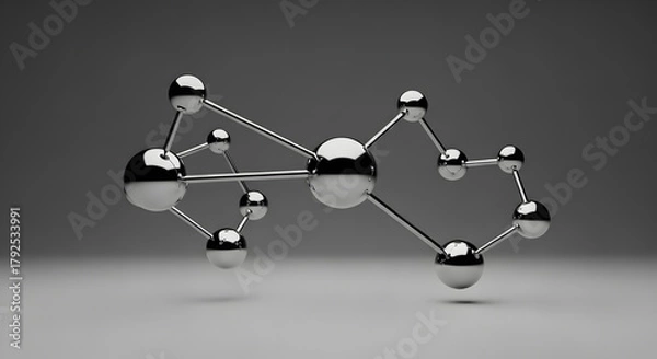 Fototapeta Simple 3D render of an abstract molecule model with shiny chromed metallic spheres (atoms) connected by bars, floating against a clean gray background, representing science, structure, or data