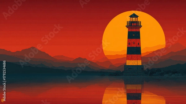 Fototapeta Stylized Lighthouse at Red Sunset