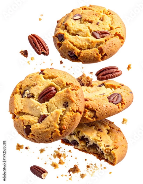 Fototapeta flying Butter Pecan cookies with crumbs isolated on white transparent background