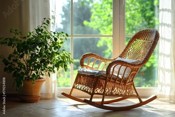 Fototapeta Sunny relaxation area with a wicker rocking chair by the window