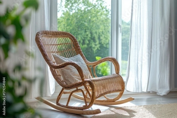 Fototapeta Stylish home relaxation area with a wicker rocking chair by the window
