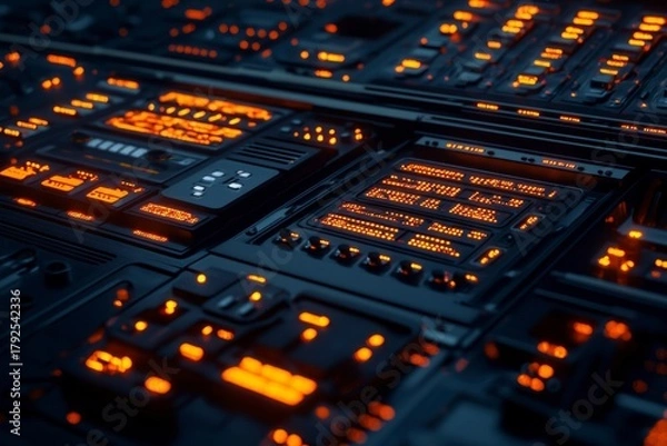 Obraz Collection of orange and black computer parts on a white background for technology enthusiasts