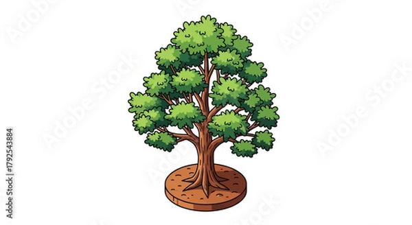 Obraz Cartoon illustration of deciduous tree with green leaves and brown trunk