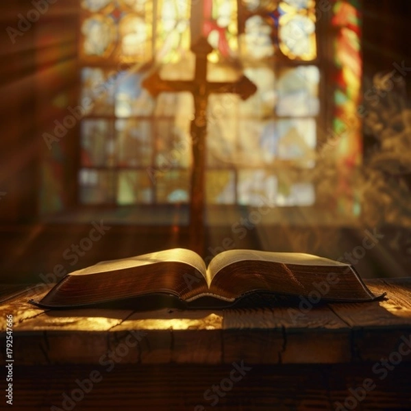 Fototapeta realistic still life of an open Bible on a wooden altar with a golden cross behind it