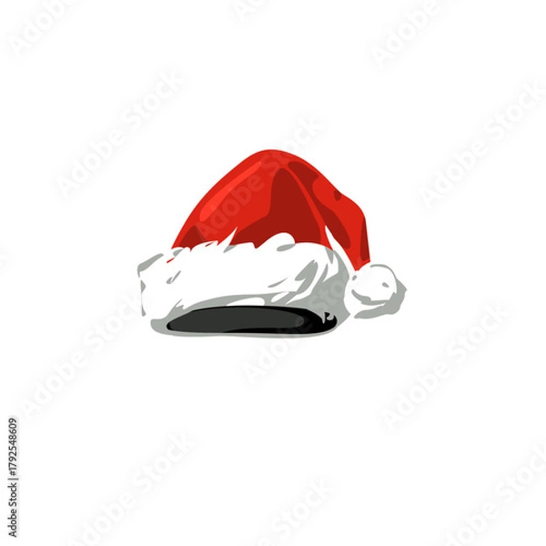 Obraz Santa hat vector illustration. Red plush hat with cuff and matching pompon isolated on white background. Warm winter season holiday fluffy cap. Festive christmas celebration costume element.