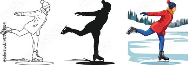 Fototapeta Three versions of a woman ice skating a frozen lake, including a line drawing, a silhouette, and a full color illustration
