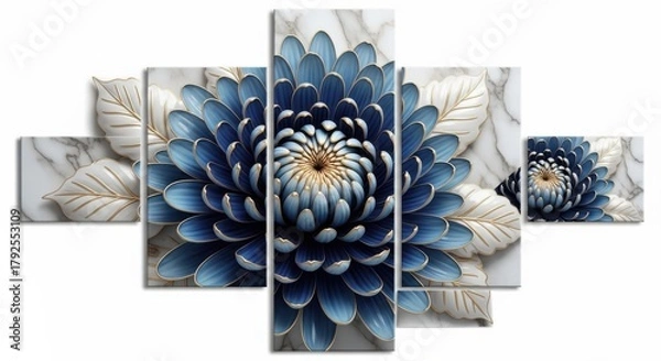 Fototapeta Closeup of a striking blue chrysanthemum with delicate gold accents on a marble background