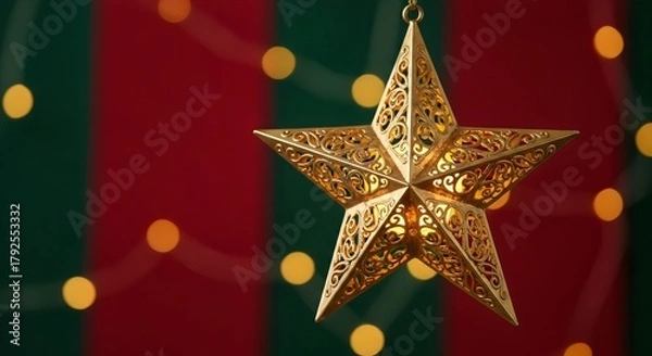 Obraz Beautiful golden Christmas stars arranged on red and green background, festive pattern design, warm holiday celebration atmosphere.