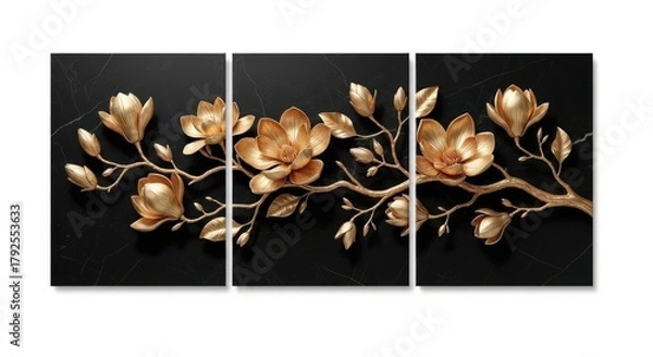 Fototapeta Golden floral branch with flowers on a black background, a triptych wall art