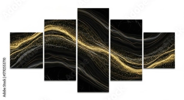 Fototapeta Abstract flowing gold glitter on black background, modern digital art canvas print