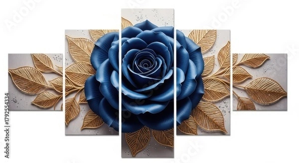 Fototapeta A single deep blue rose with golden leaves on a textured background