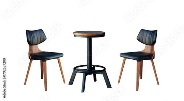 Fototapeta round table and chairs isolated on white background. table and leather wooden chair in car style