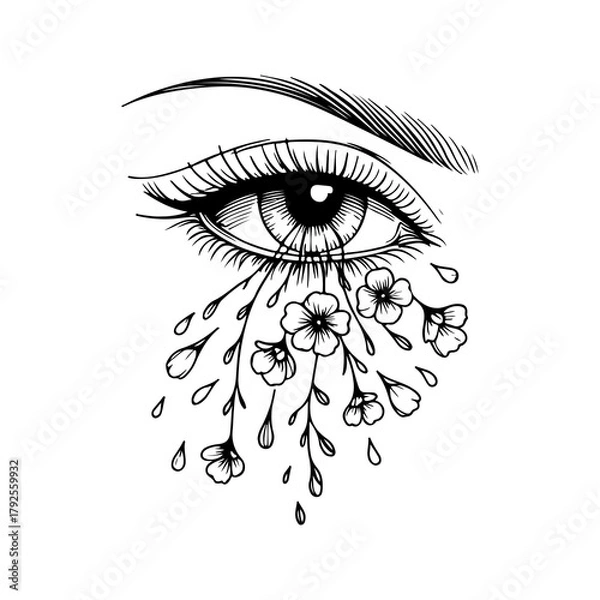Fototapeta Eye Crying Flowers Vector Illustration — Black and White Line Art Symbolizing Beauty Born from Sadness, Emotional Hand-Drawn Minimal Design SVG