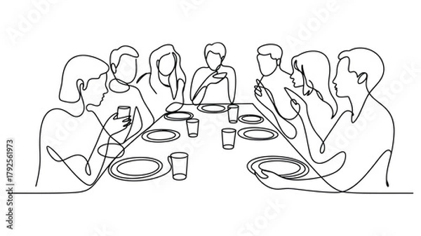 Fototapeta continuous line drawing of people dining together while using smartphones, representing digital dependence and modern social behavior