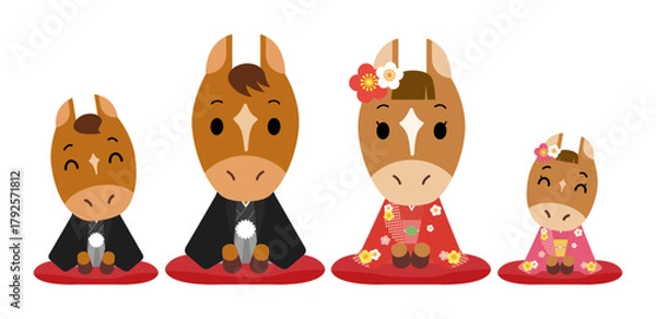 Obraz にこやかな着物を着たウマの家族　セット