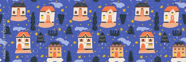 Fototapeta Scandinavian night simples pattern neighborhood with modern tiny houses in stars.