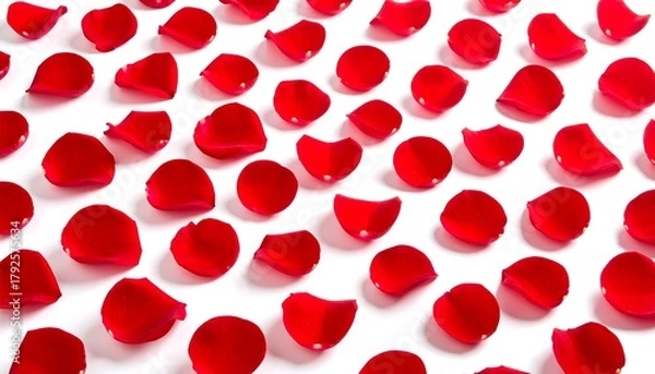 Obraz Dense scatter of crimson rose petals on bright white surface, creating abstract geometric patterns