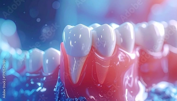Obraz Dental close-up showing gums and teeth, rendered in bright blue and pink hues with blurred bubbles