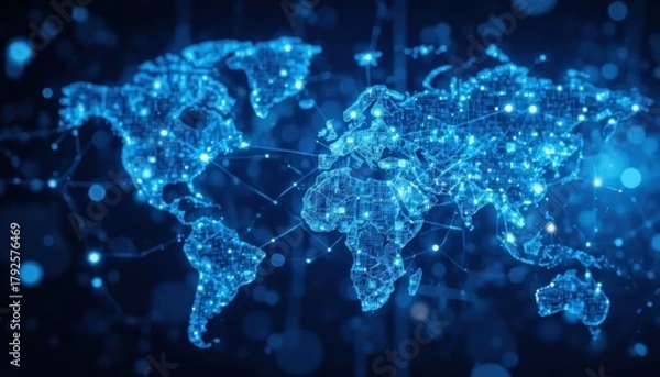 Obraz Abstract lines and nodes connecting global markets in a blue tech theme.