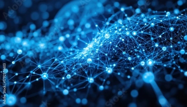 Obraz Abstract lines and nodes connecting global markets in a blue tech theme.