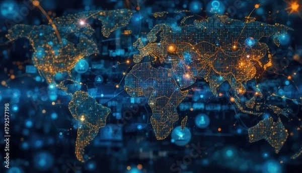 Obraz Global financial network with digital stock data and world map connections.
