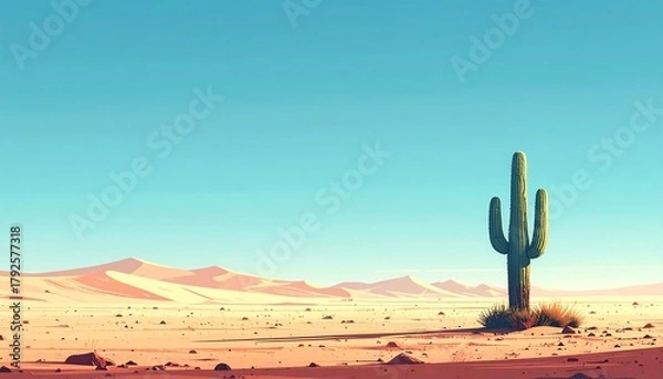 Obraz Desert landscape with a saguaro cactus under a bright blue sky and dunes in the background