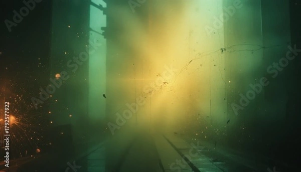 Obraz Grunge cinematic background with light leaks, green and amber gradient, and scratched film surface.