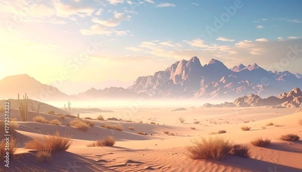 Obraz Desert landscape with mountains, cacti, and wispy clouds in a light, warm, and muted color palette