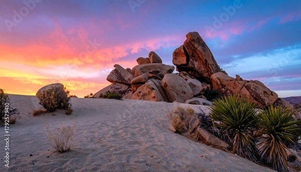 Obraz Desert rocks under a vibrant sunset sky with warm tones. Boulders, sand dunes, and sparse vegetation create the vista