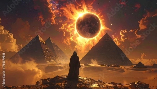 Obraz Desert scene featuring pyramids under an orange sky with a figure in a cloak staring at a solar eclipse