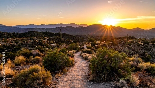 Obraz Desert trail meanders as the sun sets over mountain peaks casting golden light