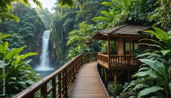 Obraz A tropical jungle retreat with wooden decks, waterfall view, and lush greenery all around.