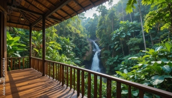 Obraz A tropical jungle retreat with wooden decks, waterfall view, and lush greenery all around.