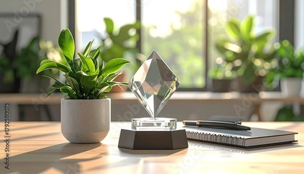 Obraz Desk scene featuring a plant, crystal award, notebook, and pen bathed in warm sunlight from a window