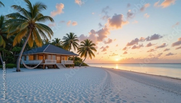 Obraz A private island beach house with white sand, calm sea, and hammocks under palm trees, peaceful sunset.