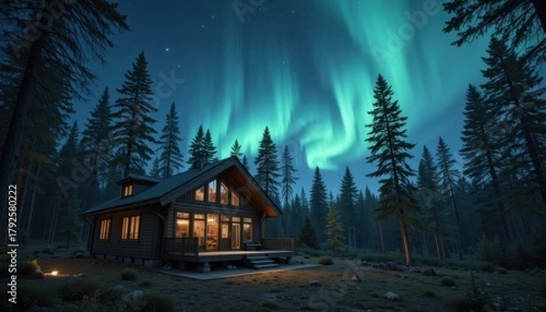 Obraz A Scandinavian-style cabin in the forest with floor-to-ceiling windows showing northern lights in the sky.