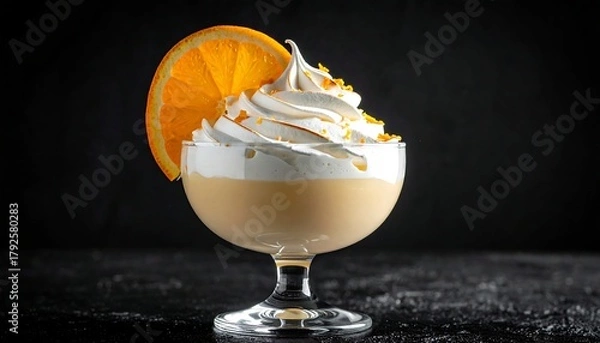 Obraz Dessert in glass pale orange liquid, topped with swirls of white cream and orange slice, black backdrop