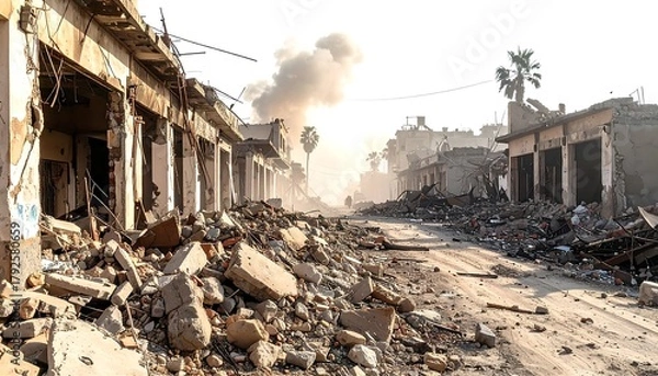 Obraz Destruction Ruined buildings and rubble fill a street under a hazy sky, hinting at conflict or disaster