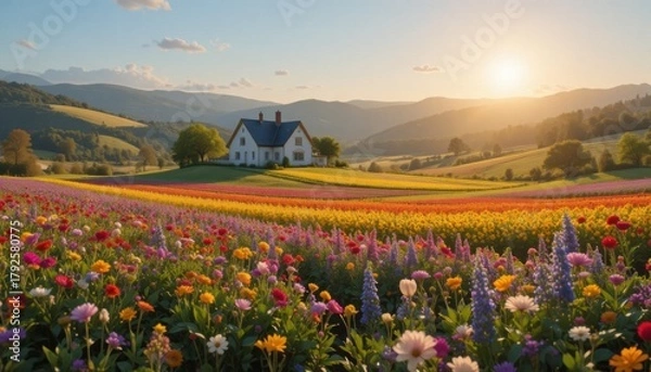 Obraz A serene countryside house surrounded by colorful flower fields, green hills, and soft golden sunlight.