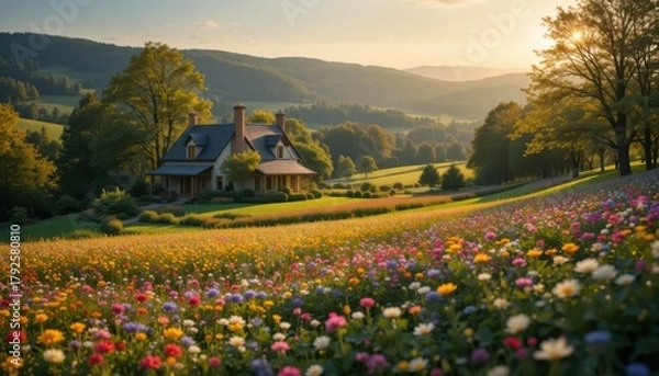 Obraz A serene countryside house surrounded by colorful flower fields, green hills, and soft golden sunlight.